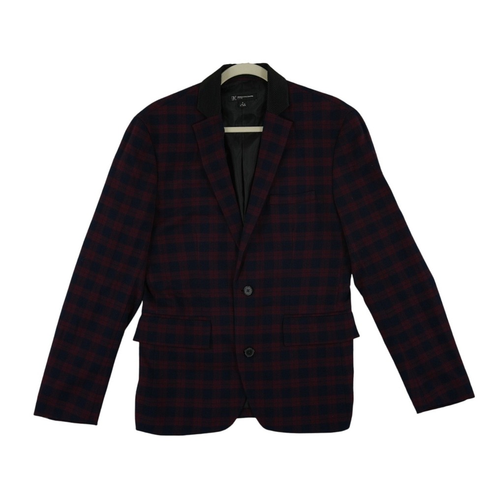 INC Plaid Tuxedo Collar Blazer Jacket Men's Size Small Burgundy Navy Slim Fit